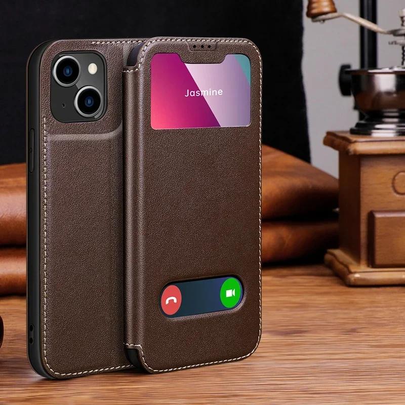 Pouzdro z pravé kůže s okénkem Smart View pro iPhone 16 Pro 17 Pro 15 14 13 12 11 XR XS Max 7 8 Plus SE 3 Magnetické Flipové Peněženkové Kryt