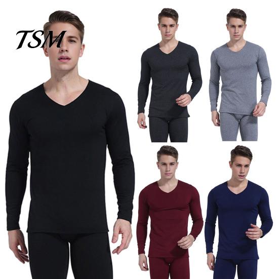 Long-sleeved Top And Pants Set 2 Pcs/Set Winter Men Thermal Underwear V Neck Plush Lined Seamless Long Sleeve Warm Slim Fit High Elastic Cold Weather
