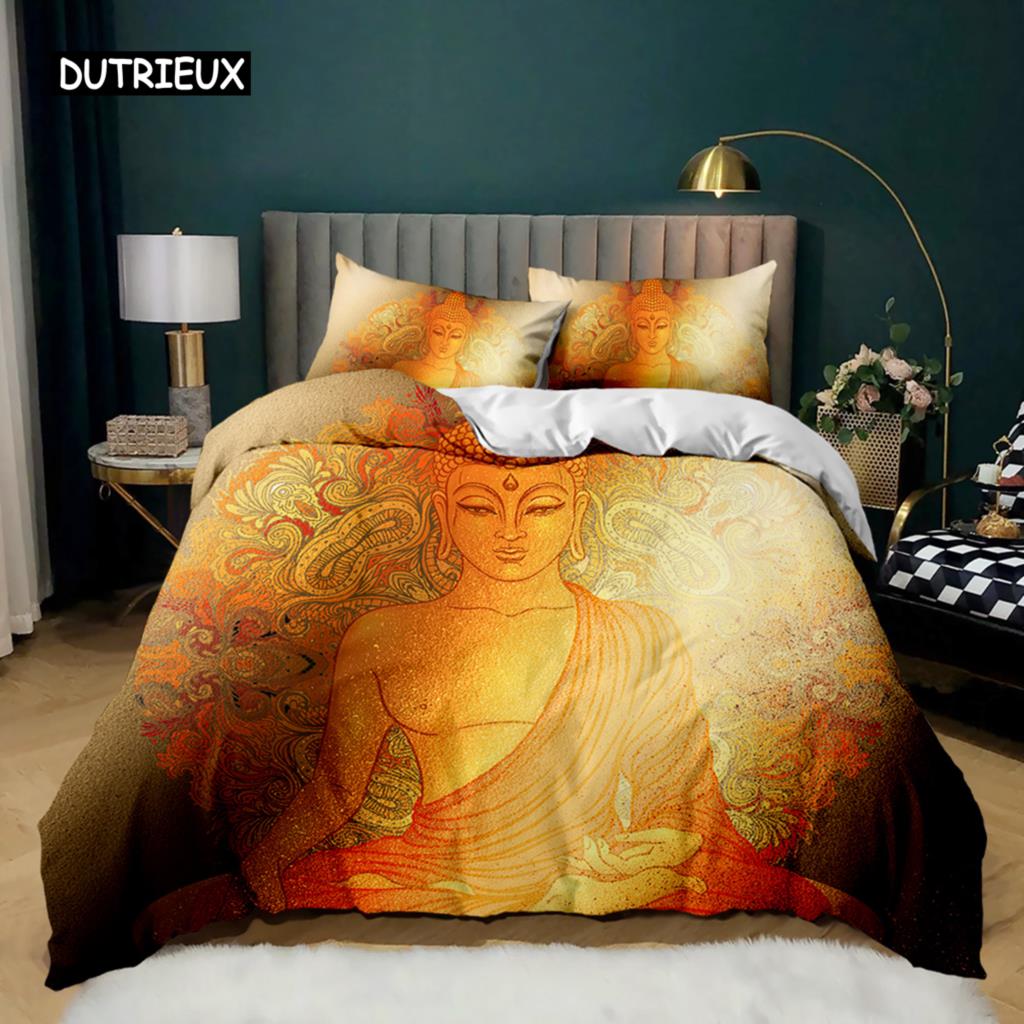 Buddha Duvet Cover Set Indian Art Bohemian Mandala Zen Themed Bedding Set Meditation Buddhist Lotus Floral Polyester Qulit Cover