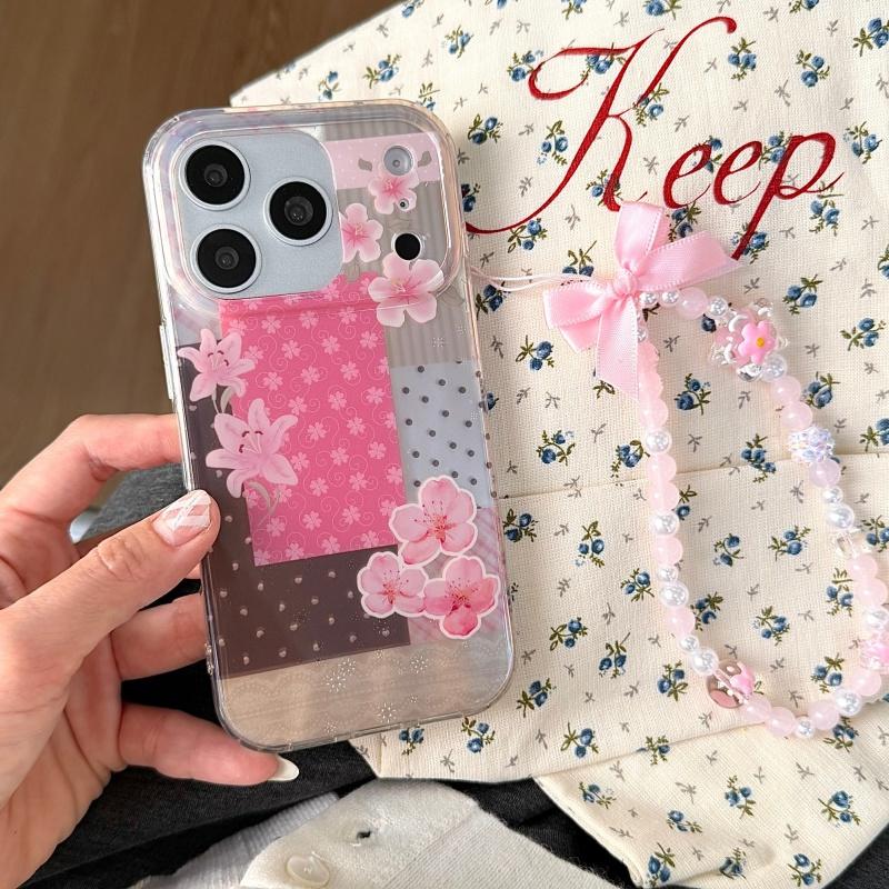 Fashion Cute Flower Painting Case For iPhone 17 Pro Max 16 14 15 Pro Phone Cover with Chain For Apple 16 Pro Max Protective Case