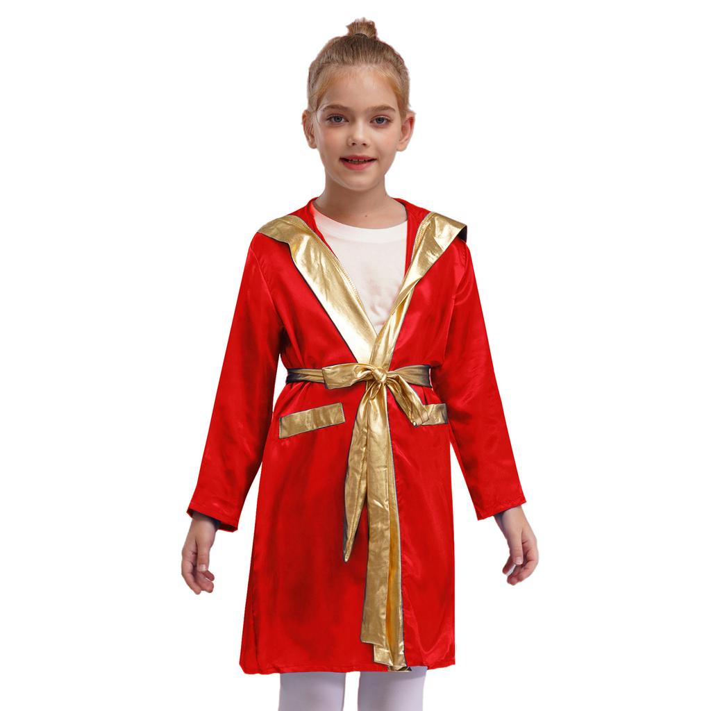 Kids Boys Boxing Robe Boxer Cosplay Costume Long Sleeve Metallic Trim Satin Hooded Cloak Kickboxing Gown for Halloween Party