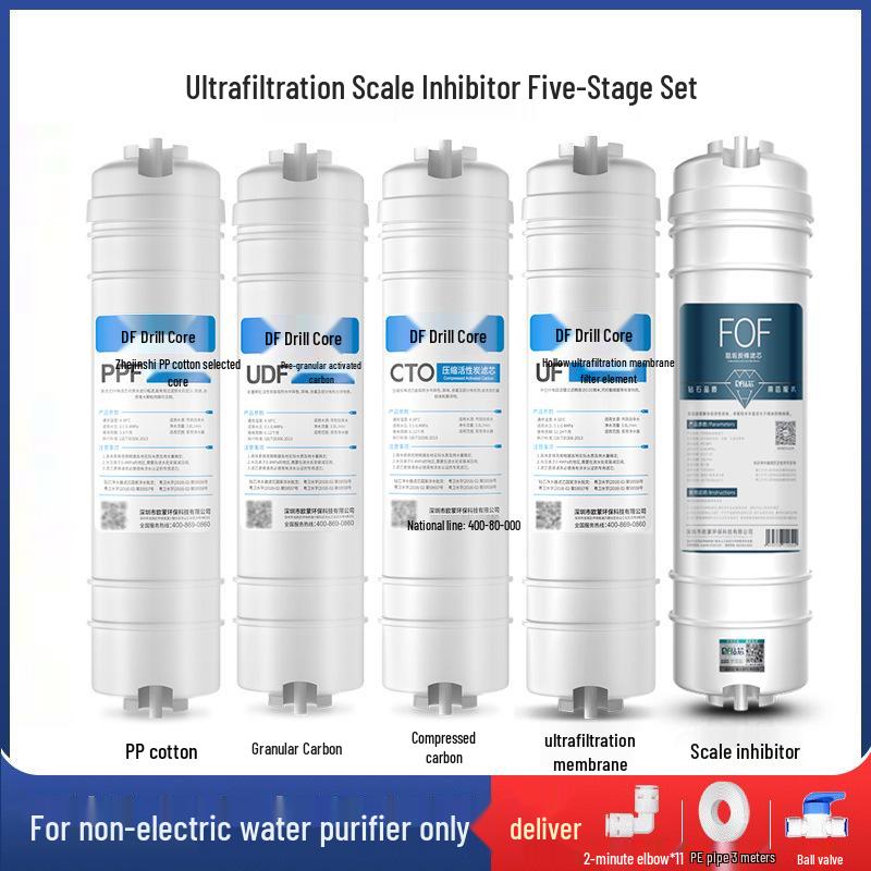 10-tommers femtrinns vannrenserfiltersett: Hurtigkobling PP Bomull, Granulert Karbon, Skalahemmer, Komprimert Karbon og RO-membran