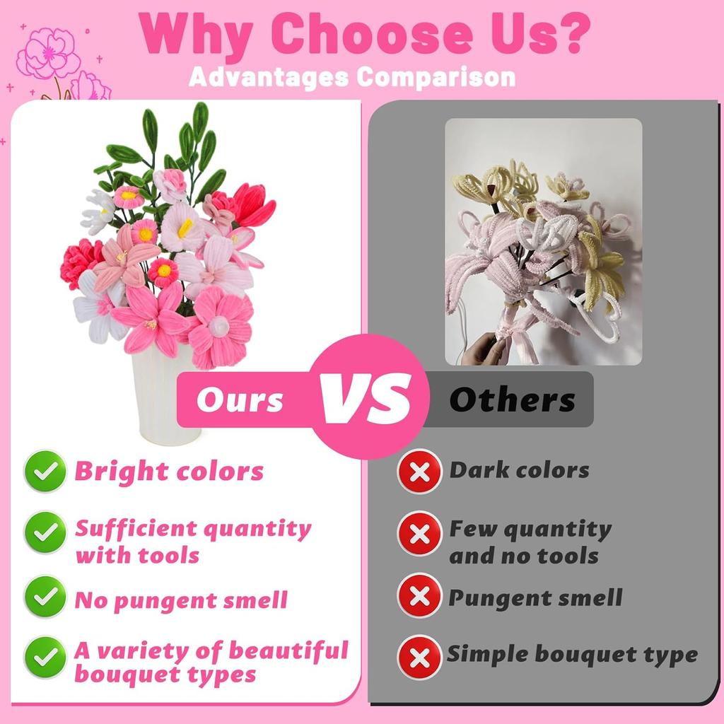 Pipe Cleaner Flowers Craft Kit, 7 Colors Pipe Cleaners Craft Flower Making Kit, Chenille Stems Pipe Cleaners Kit with Tutorial