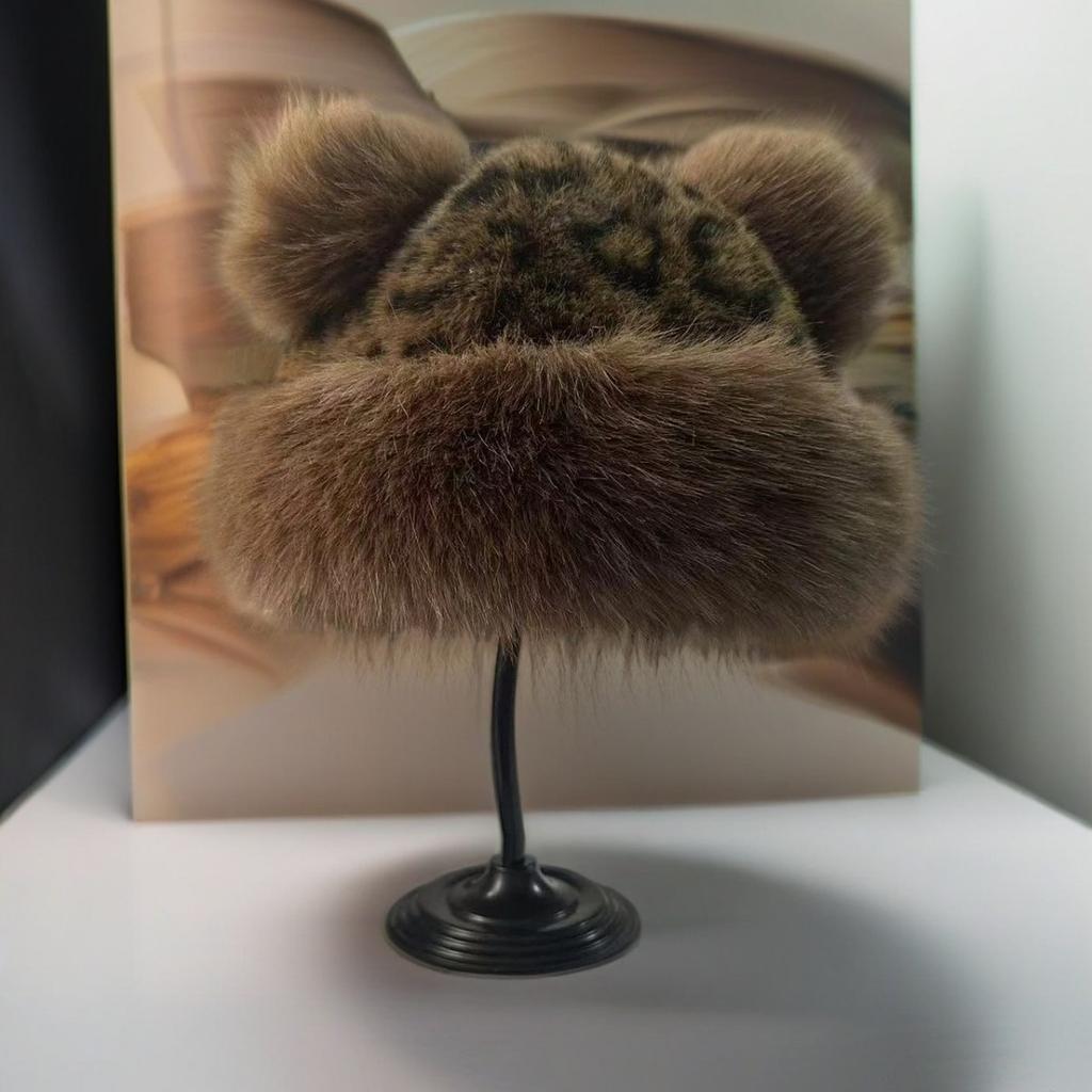 Korean Version, Leopard Print, Plush Fisherman Hat, Female, Autumn and Winter New Style, Small Face, Ear Protection Hat, Thick and Warm, Faux Fur Hat