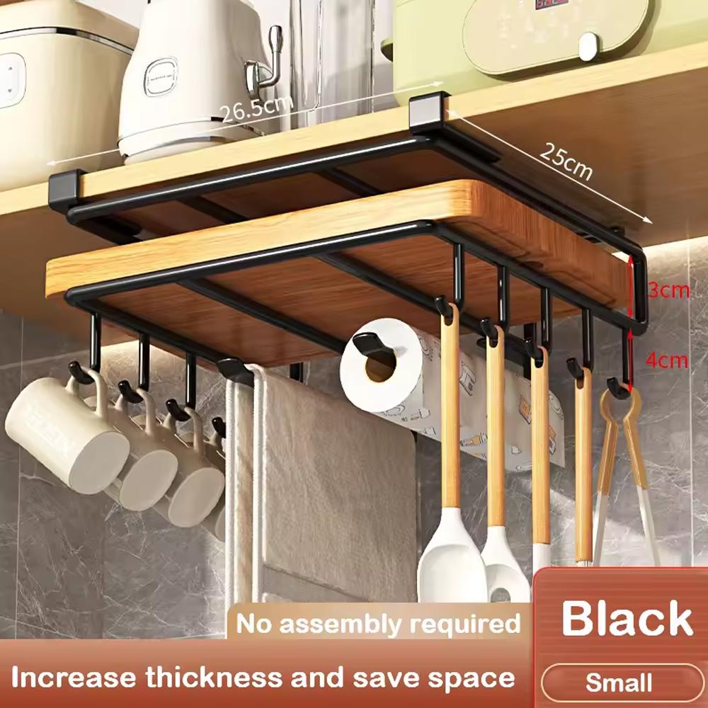 Space Saving Kitchen Organizer: Under Cabinet Hanging Rack with Hooks for Towels Cutting Boards & Pot Lids