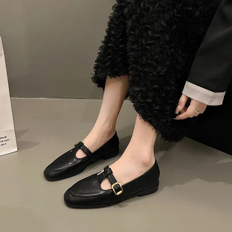 Fashion Women Loafers Ballet Dance Buckle Shoes Slip On Cross Strap Black Flat Low Heels Autumn Spring Dress Mary Jane Pumps