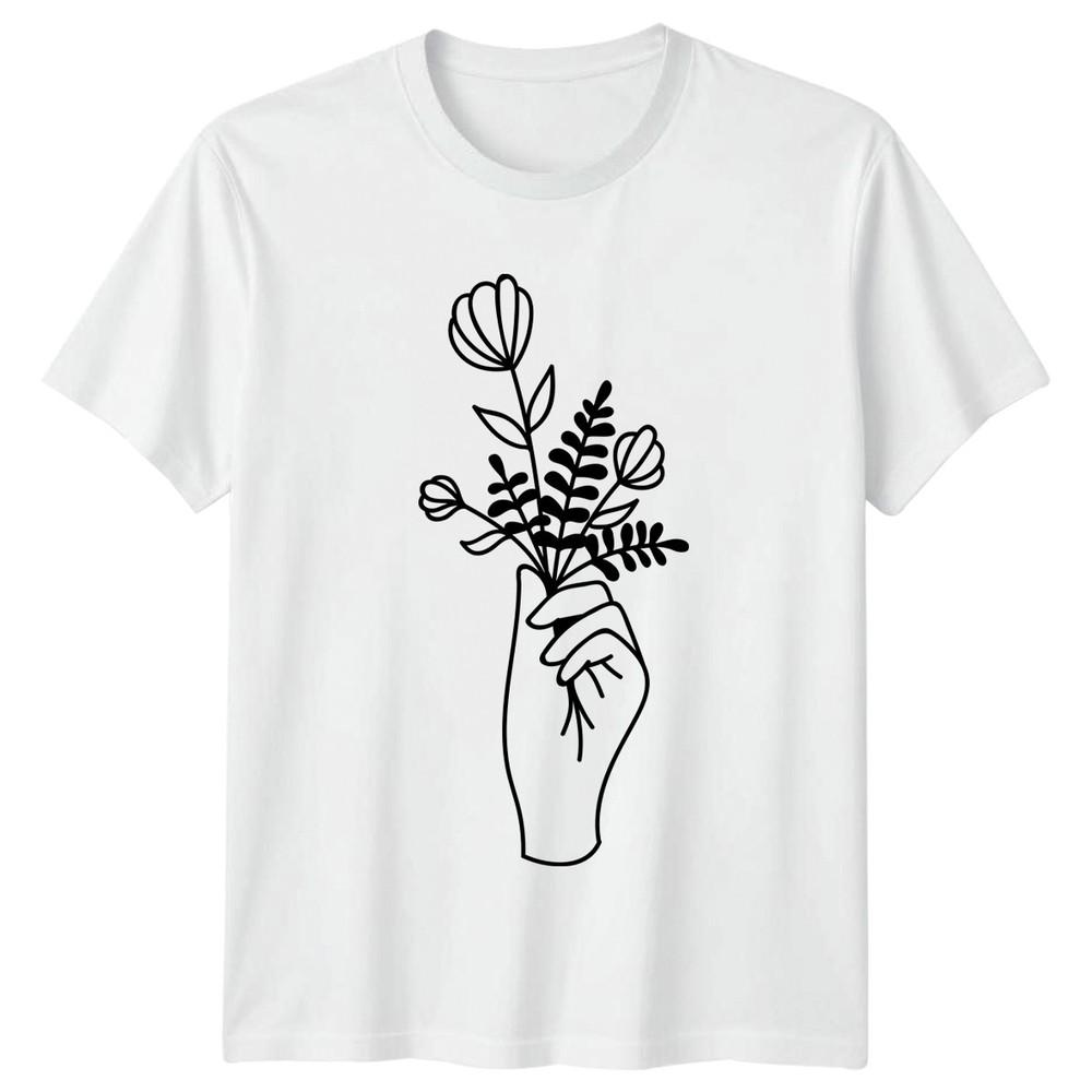 Minimalist Line Art Hand Holding TShirt Minimalist Floral Nature Birthday Gift S