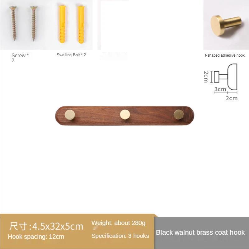 1pc Solid Wood Brass Coat Hook, Black Walnut Wood Coat Hanger, Clothing Hooks,Wall Mounted Storage Rack Drilling Installation
