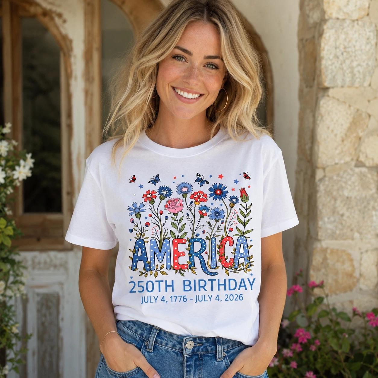 Women s USA 250th Birthday 1776–2026 Floral Butterfly Patriotic T-Shirt L