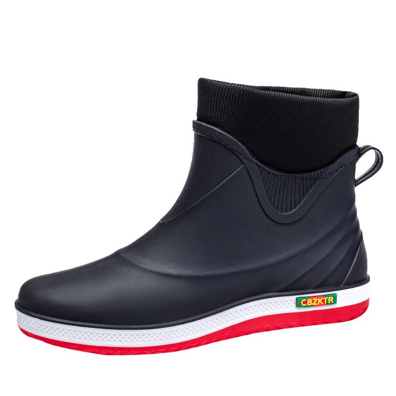 Men's Fashionable Low-Top Waterproof Rain Boots with Fleece Lining, Washable Flat Bottom, Mid-Calf, Ideal for Kitchen, Food Delivery, and Riding.