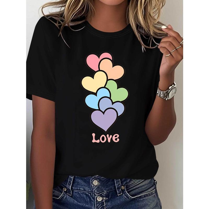 

Valentine S Day Themed Rainbow Heart Graphic Print T-Shirt for Women, Short-Sleeved, Round Neck, Casual Wear, 4XL чорний