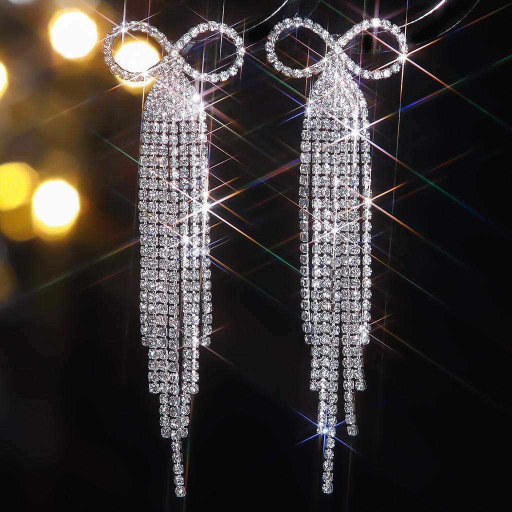 Luxury Shiny Diamond Long Fringed Bow Earrings