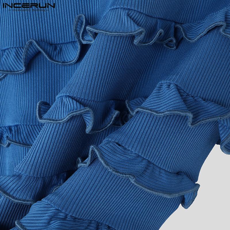 INCERUN Ανδρικά κοντό μπλουζάκια με ψηλό λαιμό και βολάν