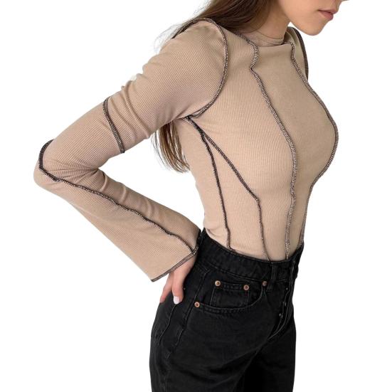 Women T-shirt Round Neck Long Flared Sleeve T-shirt Slim Fit Ribbed Three-Dimensional Line Decoration Pullover Tops