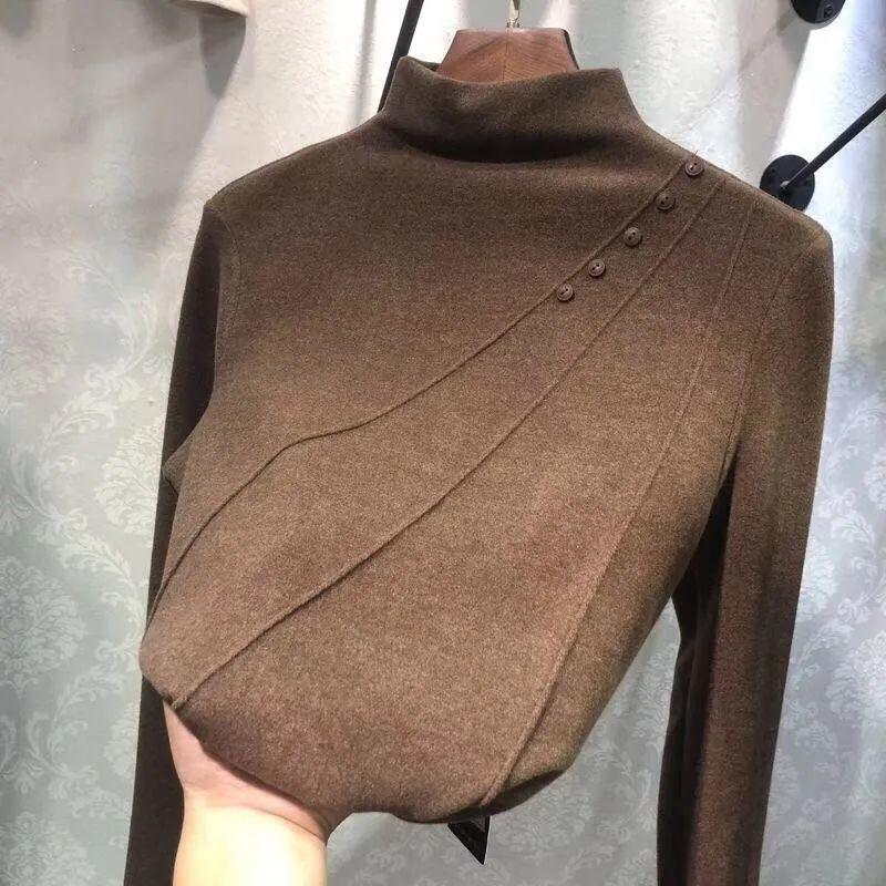 Nuovo Stile Primaverile Maglietta Calda a Collo Semi-alto Manica Lunga da Donna Stile Velluto Tedesco Vestibilità Aderente Top