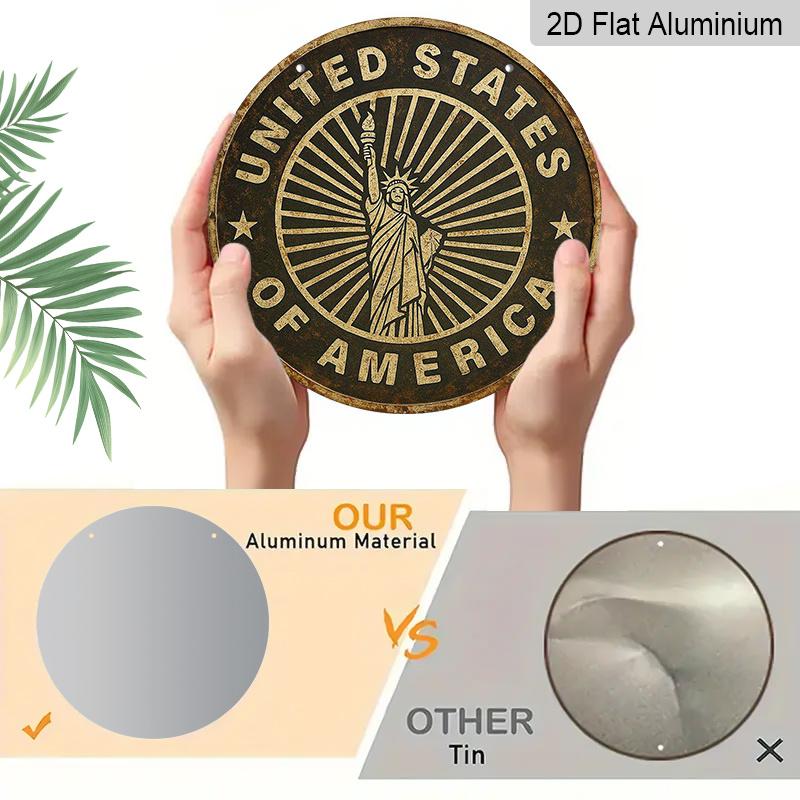2D Flat, 1pc 7.87x7.87 Inch 2D Flat Round Aluminum Sign - "United States of America" Retro Wall Art with Statue of Liberty Design, Durable Metal