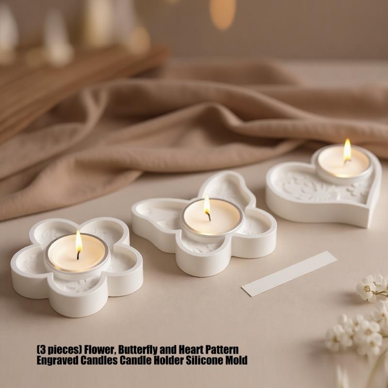 Pack of 3 Decorative Silicone Candle Mould Containing Beautiful Flower Butterfly and Heart Pattern for Home Decoration