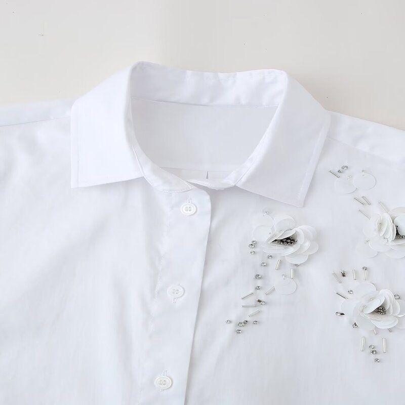 Western Style 2024 Summer New Women's Long Sleeve Asymmetric Hem Flowers and Jewelry Decoration Shirts 4786132