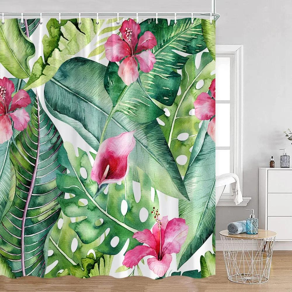 Tropical Leaves Shower Curtain Green Leaf Palm Flower Flower Bathroom Curtain Green Plant Bathroom Decoration with Hook