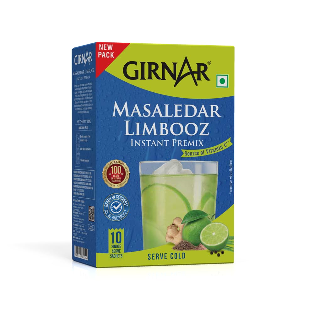 Girnar Masaledar Limbooz Instant Lemon Drink With Ginger, Lemongrass & Cumin, 10 Sachets Box, Refreshing Summer Beverage