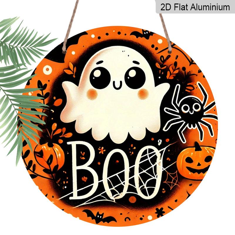2D Flat, 1pc Halloween Ghost Aluminum Ornament, Circular Wall Craft, Suitable for Wreath Center, Wall And Room Decor - Durable, Easy-To-Clean Holiday