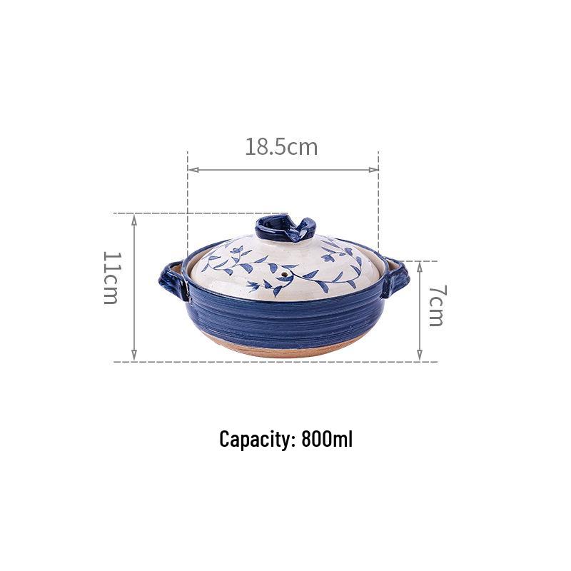 Elegant Retro Hand-Painted Japanese Clay Pot: Blue Tang Design Earthenware for Soup & Rice Cooking