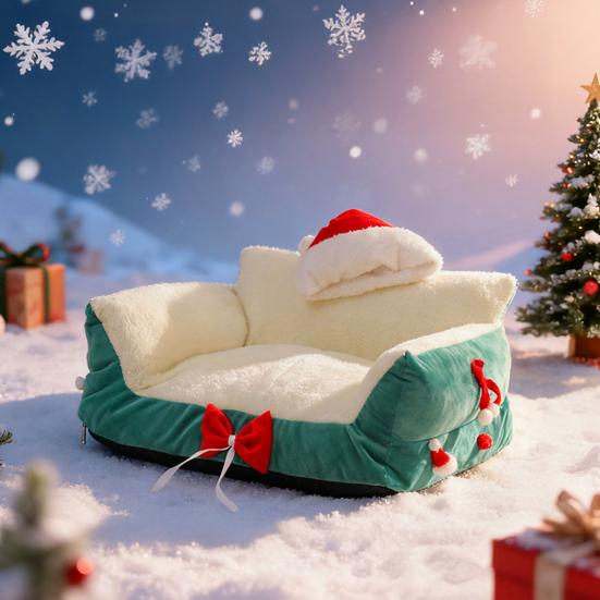 Christmas Cat Bed Fluffy Pet Sofa Bed with Removable Washable Cover Cozy Plush Cat Sofa for Winter Holiday Indoor Cats Rest Play