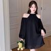Korean Style Off Shoulder Halter Dress Thin A-line Short Skirt Sweet Halter Mini Dress  Beach