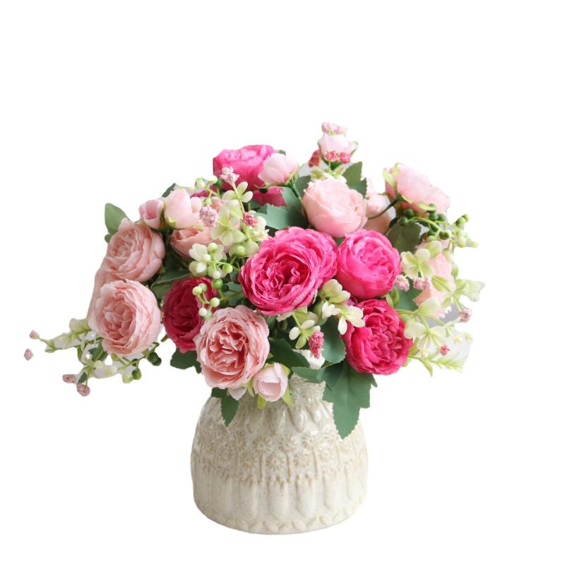 Ramo de peonías artificiales de seda rosa de 30 cm, 5 cabezas grandes y 4 capullos, flores falsas económicas para decoración del hogar, bodas e interiores.