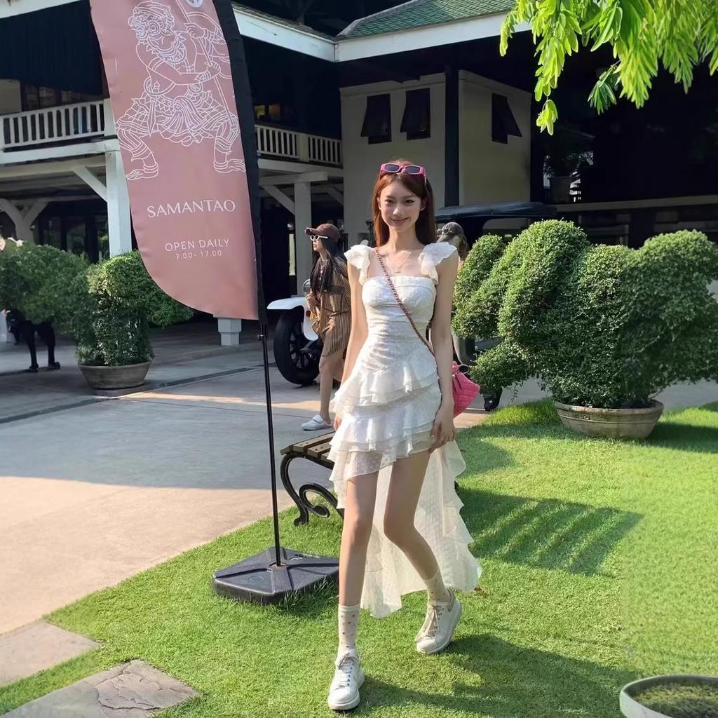 Pure desire style Spice girl irregular long dress women's summer new suspender design sense niche seaside vacation style dress