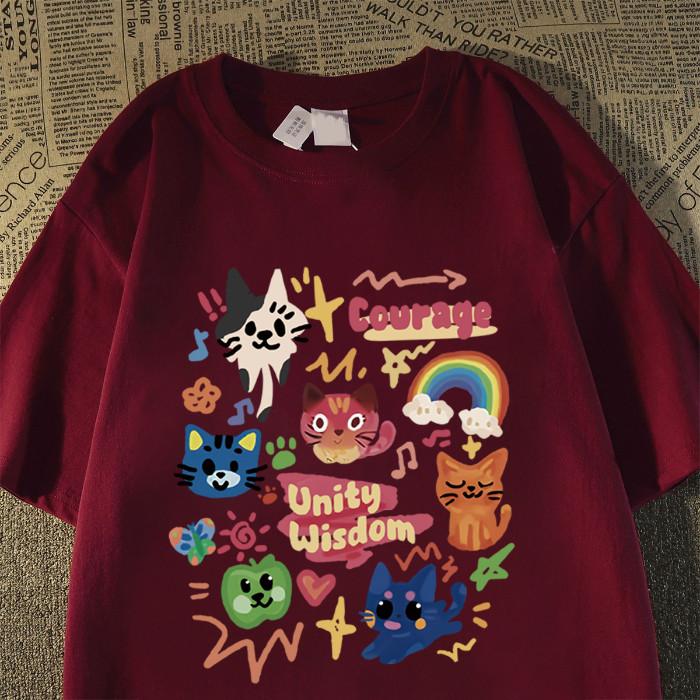 Korean Retro Cute Cat Short Sleeved Tshirt for Unisex Womens Casual Loose Round Neck Summer Top
