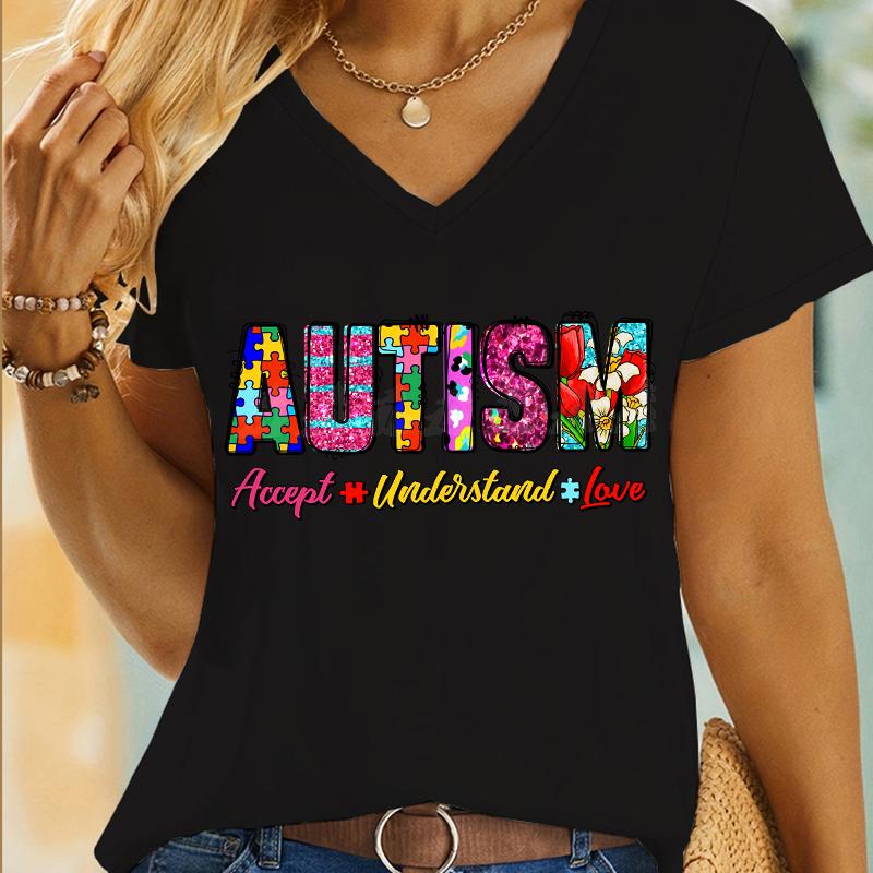 

Retro Autism Tshirt Accept Understand Love Classic Tops Tees Women Tshirts Autism Awareness Gift for Mom Vneck Summer Clothes 4XL
