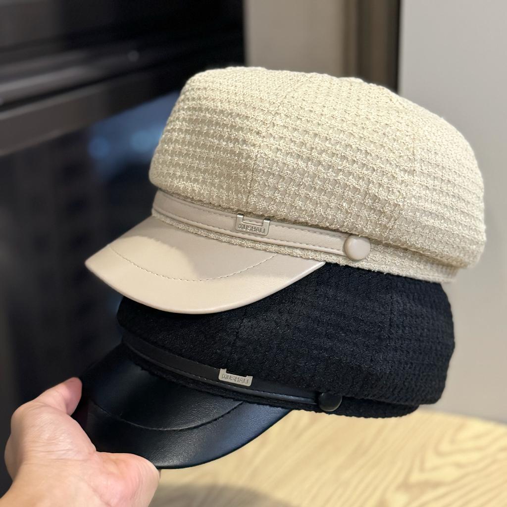 New Autumn and Winter Plaid Leather Octagonal Hat for Women Spring and Autumn Retro British Painter Hat Showing Face Small Duck Cap