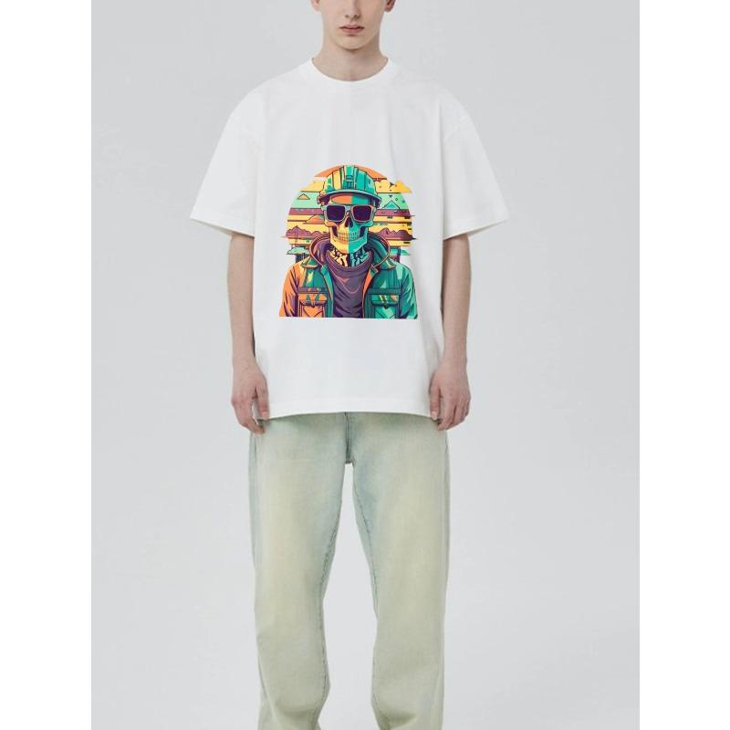 Black T Shirt with Colorful Skull Worker Graphic Print for Casual Wear