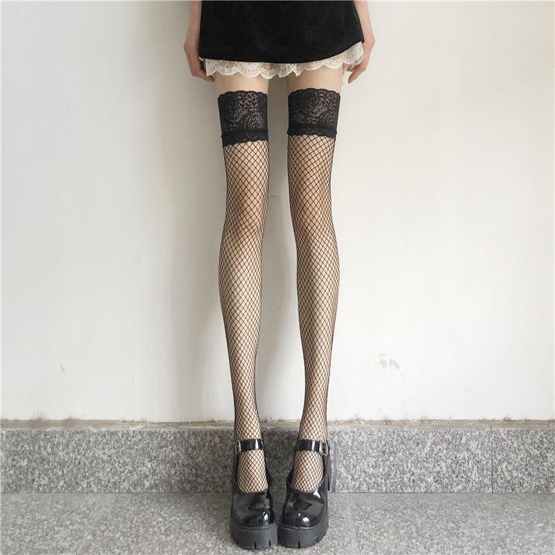 Black Silk Fishnet Over-the-Knee Lace Suspenders with Bow