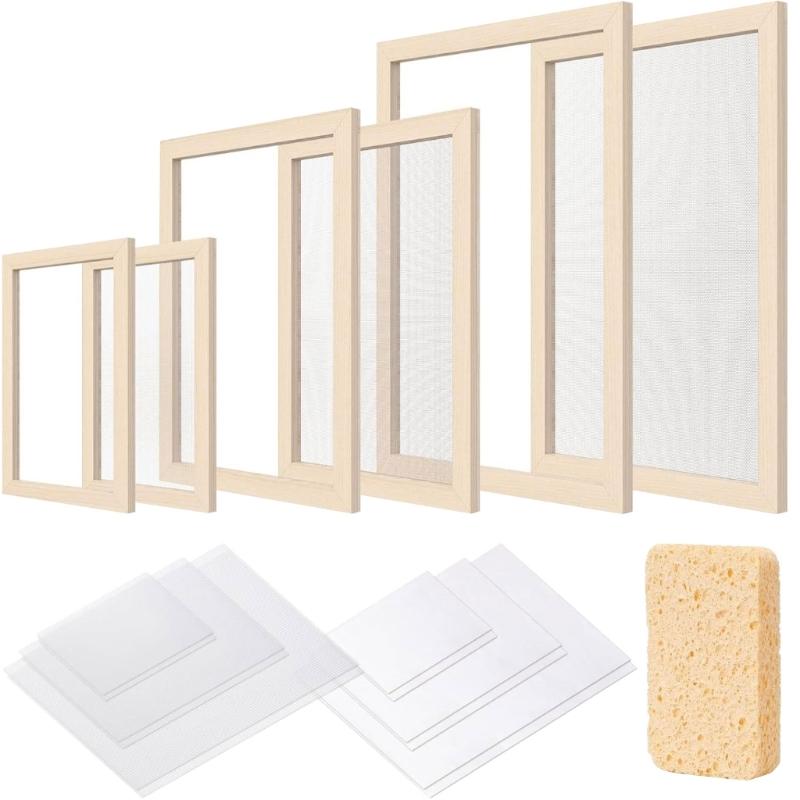 

Handmade Paper Making Tool Set Includes 3 Size Wooden Frame Gridded Screen Absorbent Paper and Sponge for Card Making 1