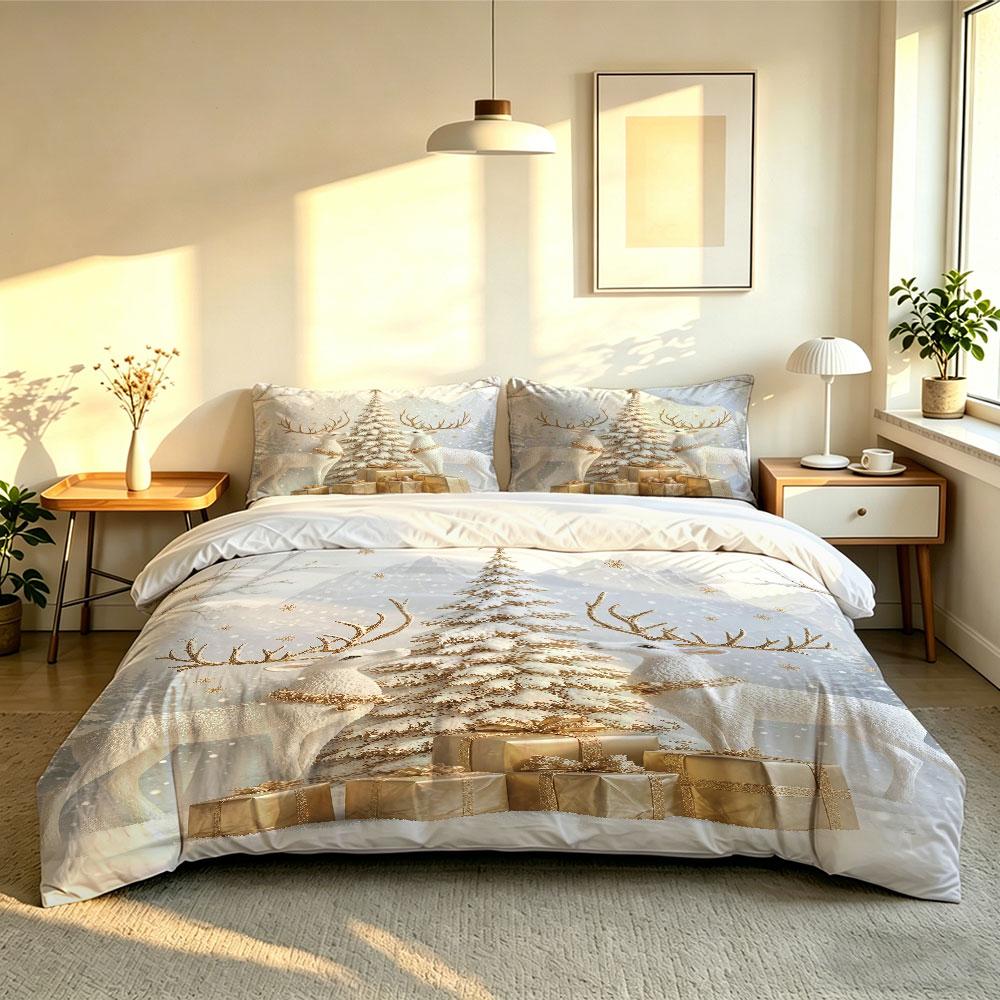 Christmas Duvet Cover Set 3Pcs Gold Xmas Tree White Reindeer Print Soft Microfiber Bedding with Pillowcases Decor