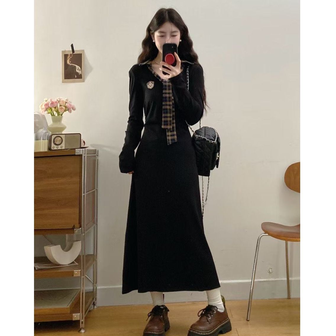 Black polo collar dress women s autumn and winter shoulder college style waist thin slim splicing plaid mid-length dress S чёрный