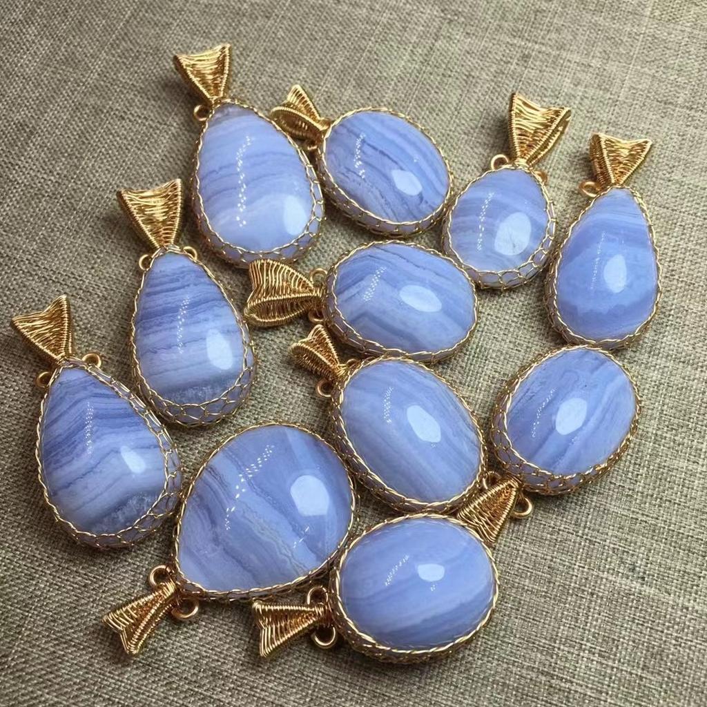 Original 925 Sterling Silver 18K Gold Plated Fashion Gemstone Natural Blue Lace Agate Pendant Necklace