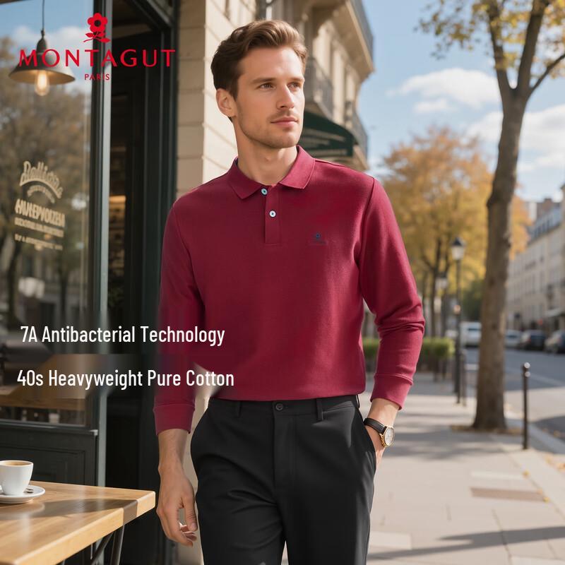 MONTAGUT Men s Festive Pure Cotton Long-Sleeve Polo Shirt L