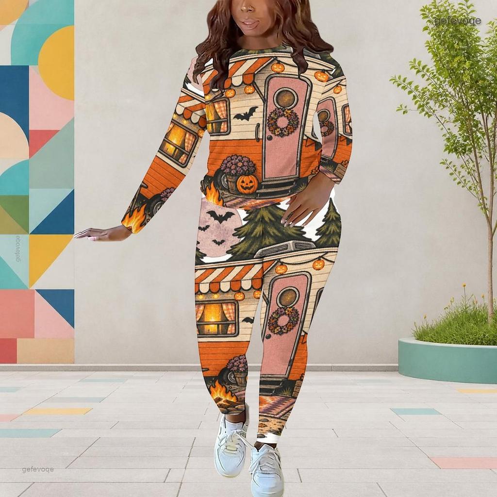 Women Plus Size Round Neck Long Sleeve Bee Pumpkin Printed Top And Fitted Pants Two Piece Set