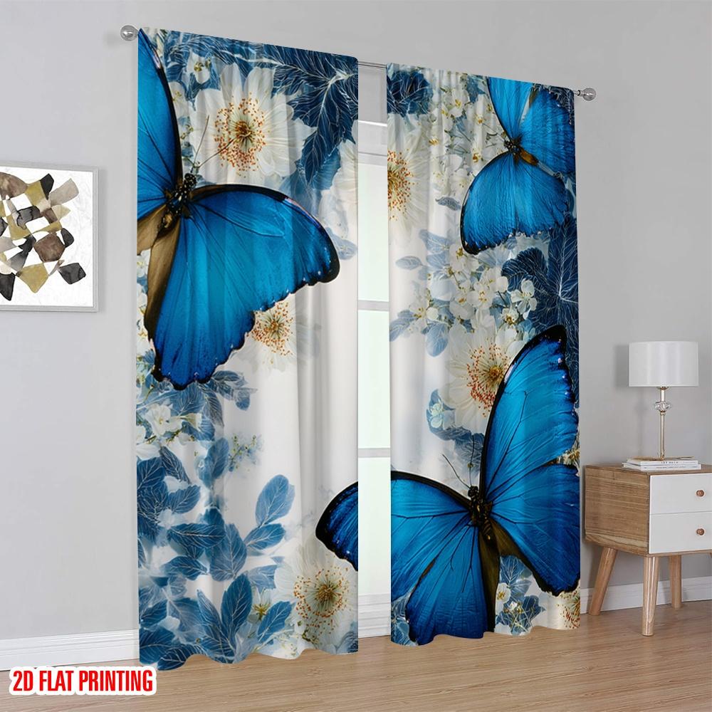 2D Flat Printing 2pcs Window Treatment Curtains Blue Butterflies White Flowers Digital Printed Polyester Drapes Festive Wall