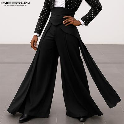 Men High Waist Casual Long Splits Wide Legs Pants Trousers