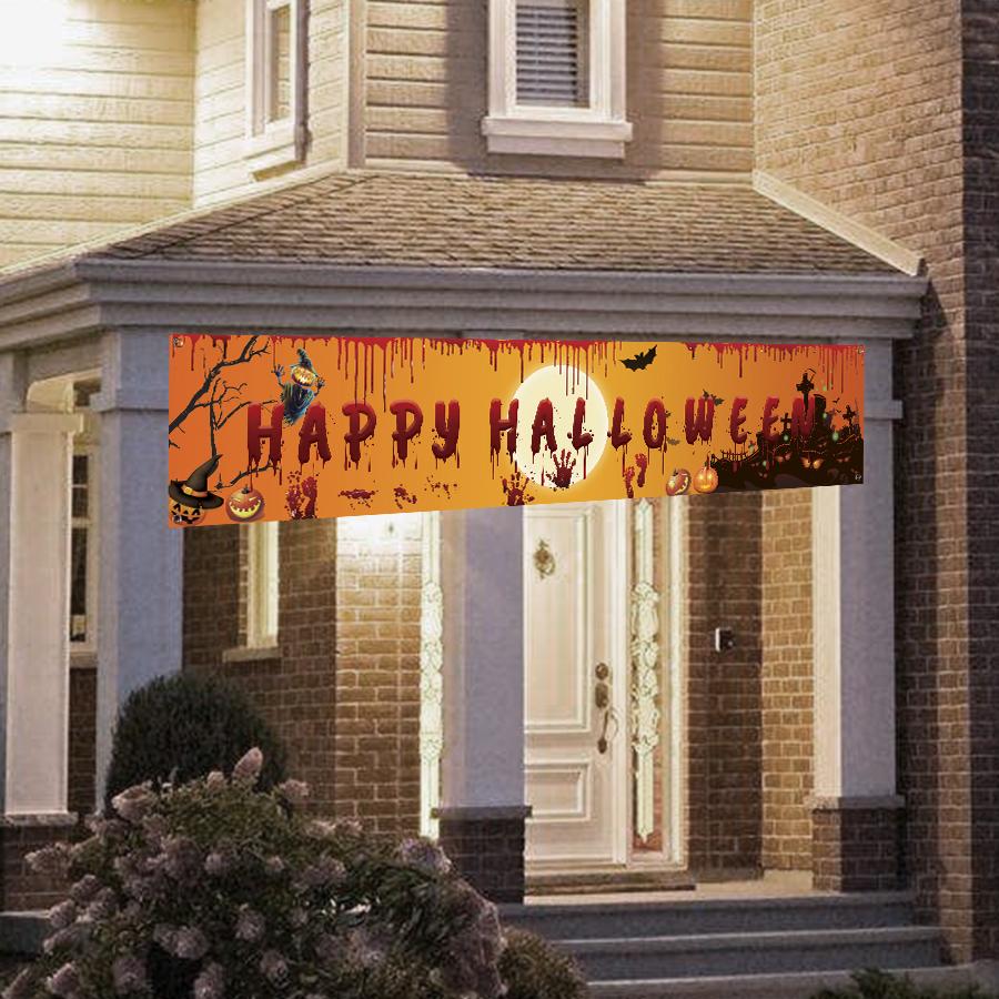 250x48cm Happy Halloween Banner Hanging Sign 100D Polyester Xmas Party Decoration Gift