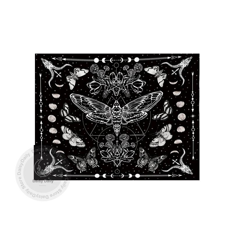 Moth Tapestry Moon Phase And Stars Black And White Moon Phase Butterfly Tapestries Wall Hanging For Living Room Bedroom Decor 95X73cm