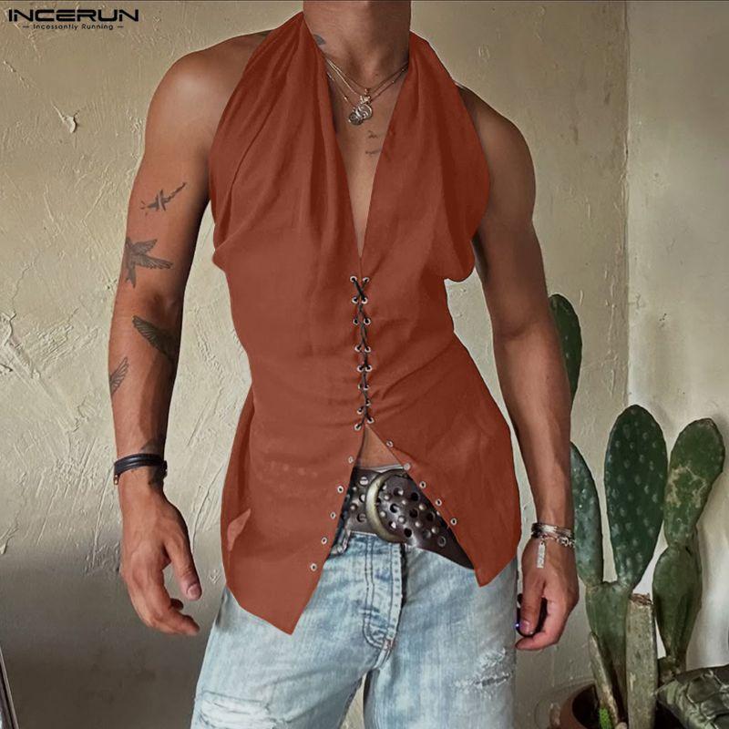 INCERUN Hauts de soirée basiques pour hommes, à col bénitier, sans manches, style bandage, dos nu, débardeurs