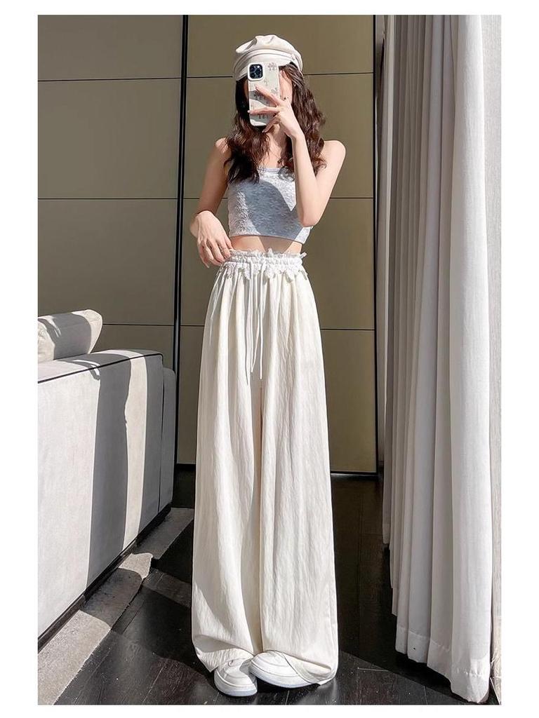 High-Waisted Sweet Lace Patchwork Wide-Leg Pants for Women - Loose-Fit Drawstring Trousers for Spring & Autumn