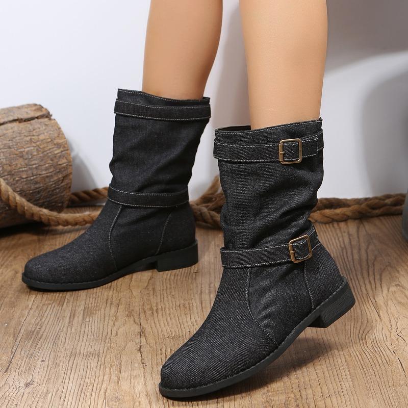 Belt Buckle Shoes, Round Toe Thick-soled Mid-calf Boots, Women's Flat Low-heeled Boots