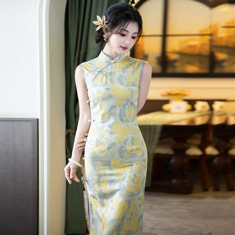 Yellow sleeveless national style new Chinese long cheongsam improved young 1011 new women's high sense daily summer