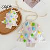 Gift Wrapping Solutions Christmas Tree Shaped Bag, Reusable Drawstring Treat Goody Bags with Pompoms Fabric Wraps Bells, Winter Present Sack